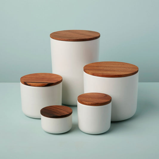 Stoneware White Container with Acacia Lid